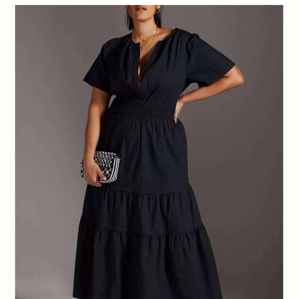 ANTHROPOLOGIE - The Somerset Black Tiered Short Sleeve Maxi Dress Size M